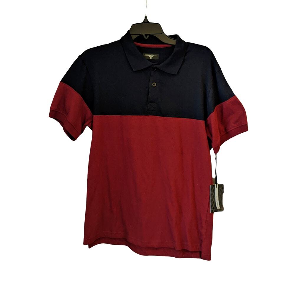 NWT Interaffair Mens Red & Navy Color Block Polo Collared Shirt School Casual S